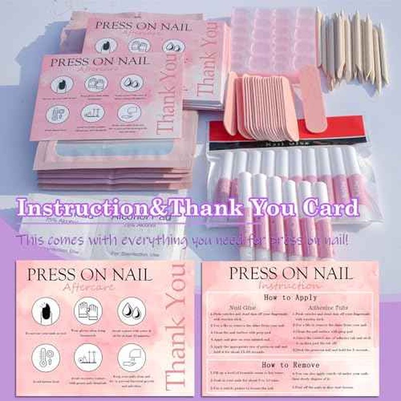 Disposable Nail Supplies Kits,Professional Manicure Press On Nail Tool Kit with Nail File,Adhesive Tabs,Nail Glue,Sticks, Prep Pads,Bags,Cards for Nail Business (140pcs20set-pink)