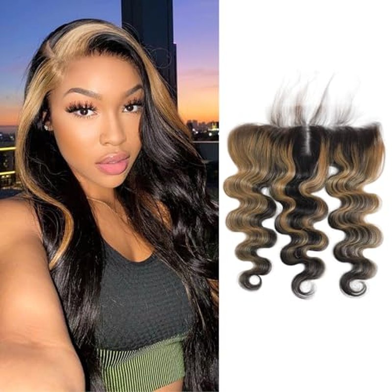 13x4 Honey Blonde Highlight Frontal Closure Only Human Hair Body Wave, 12A Virgin Ombre Skunk Stripe HD Transparent Ear to Ear Lace Frontal Closure Human Hair Pre Plucked (150% Density, 12 Inch)