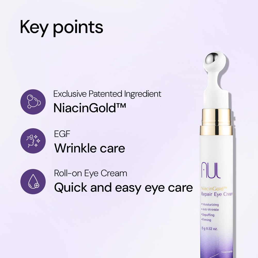 AUL NiacinGold Eye Cream 15g ㅣ Korean Skincare ㅣ Hydrating Lightweight Serum ㅣ Niacinamide + Gold Complex ㅣ Stainless Roll-On Applicator ㅣ Eye Puffiness & Elasticity Care