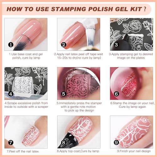 SEISSO 8 Colors Nail Stamping Polish Gels Nail Stamper Kit + 4pcs Nail Stamp Templates + 1 Peel Off Nail Tape Stamp Latex Bose Coat & Top Coat with Scraper Flower Holiday Art Design Gift DIY Manicure