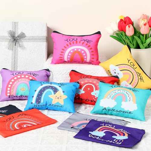 Hillban 10 Pcs Christmas Makeup Bags Gifts for Women Bulk Xmas Cosmetic Bags Inspirational Christian Bible Verse Cosmetic Pouch Christmas Religious Church Travel Canvas Pouch(Rainbow,Colorful)