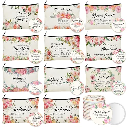 Kacctyen 20 Pcs Christmas Inspirational Gifts 10 Canvas Cosmetic Bags 10 Mirrors Thank You Makeup Bags Travel Toiletry Pouch Bulk for Church Women Teacher Coworker Employee Coworker Mothers