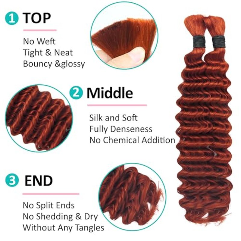 Boho Human Hair for Braiding 24 Inch Ginger #350 - 2 Bundles 100g Deep Wave Bulk for Knotless Braids (Curly, #350, 24 Inch)