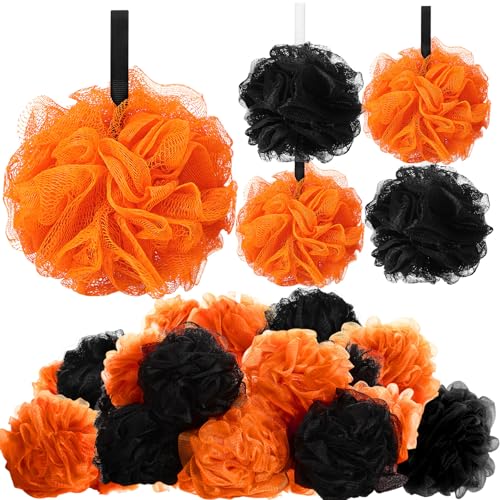 24 Pcs Halloween Bath Loofah Sponge Orange Black Loofah Exfoliating Body Scrubber Shower Sponge 50g Mesh Shower Pouf Balls Gift Set for Women Men Christmas Bathing Accessories(Orange,Black)