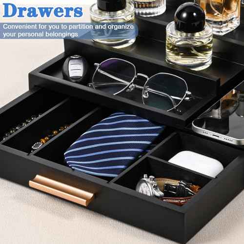 Cologne Organizer for Men, 5 Tier Wooden Perfume Organizer Display with Drawer and Hidden Compartment, Cologne Stand, Perfume Stand, Display Risers, Gift for Men (Black)