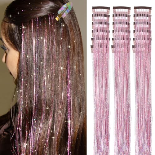ShowJarlly Pink Hair Tinsel 18 Pcs Clip in Hair Tinsel Kit for Girls 20 Inch Glitter Hair Extensions Heat Resistant Colored Hair Extensions for Kids Clip Ins Festival Accessories for Women