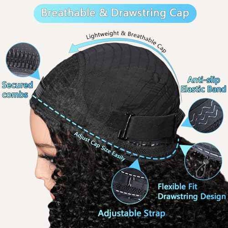 Kinky Curly Half Wig Human Hair 200% Density Wear Go Glueless Wigs Human Hair 20 Inch Curly 3 In 1 Half Wigs for Women Drawstring Seamless Flip Headband Wig Beginner Friendly