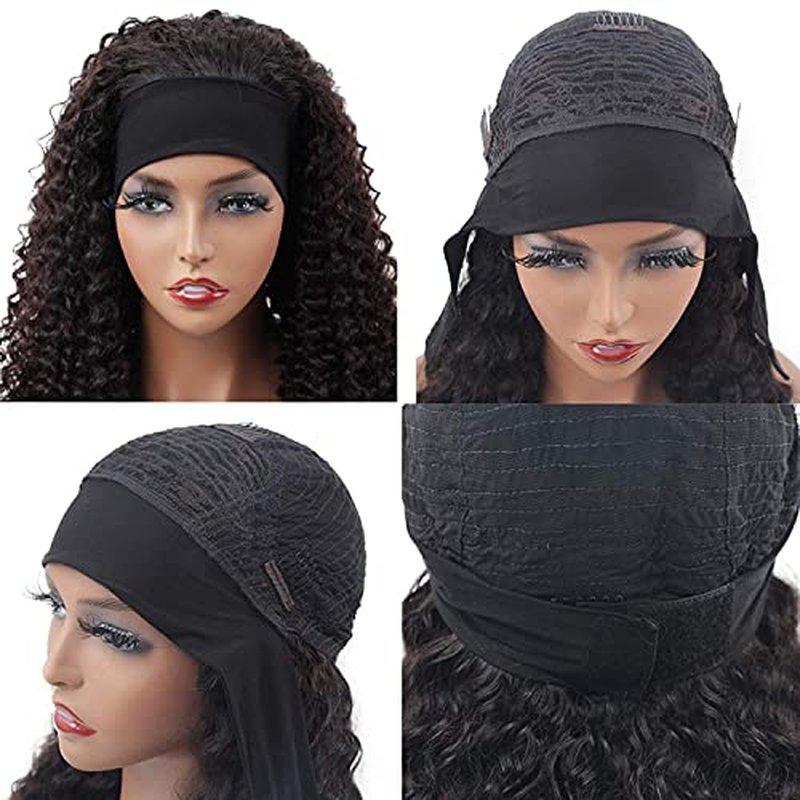 XSY Headband Wig Human Hair Deep Wave 18 Inch Curly Headband Human Hair Wigs for Black Women Glueless None Lace Front Wig 150% Density Natural Black Color