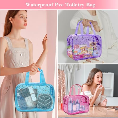 Clear Blue Star Large Makeup Bag with Star Pattern 12x5x8 inch, Travel Cosmetic Bag with Handle, Durable PVC Material Washbag Zipper Opening Design for Makeup Travel Organizer or Gym Use