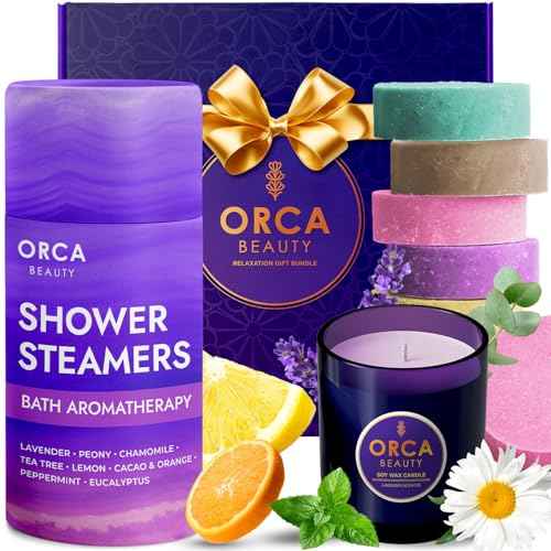 8-Pcs Shower Steamers Aromatherapy & Scented Candle - Birthday Self Care Relaxation Gifts for Women, Pampering Shower Bombs Aromatherapy, Spa Day Essentials, Christmas Purple Gift Bundle