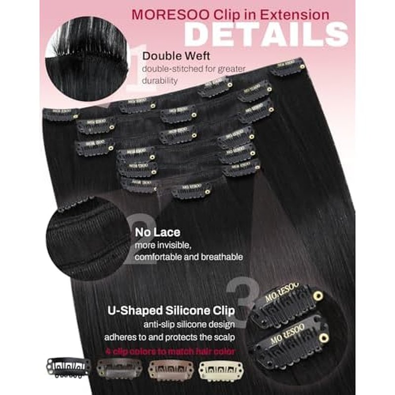 Moresoo Black Clip in Hair Extensions Real Human Hair Clip in Extensions Black Hair Extensions for Women Remy Double Weft 120g/7pcs 20 Inch