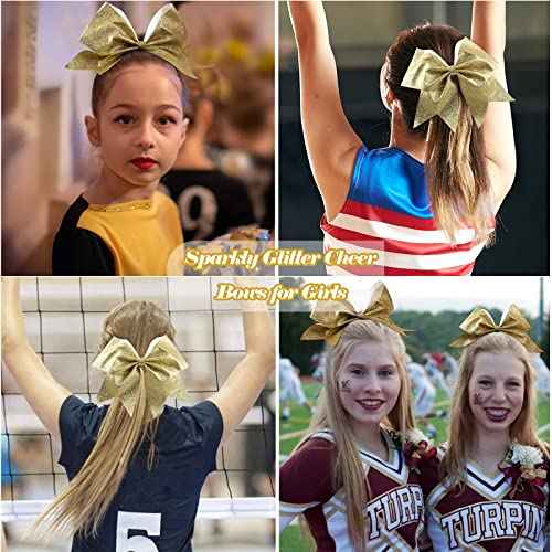 16PCS 8" Large Glitter Cheer Bows for Cheerleaders, CN Sparkly Hair Bows with Elastic Hair Ties Accessories for Teens Girls Women Cheerleading Softball Competition Sports (Gold)