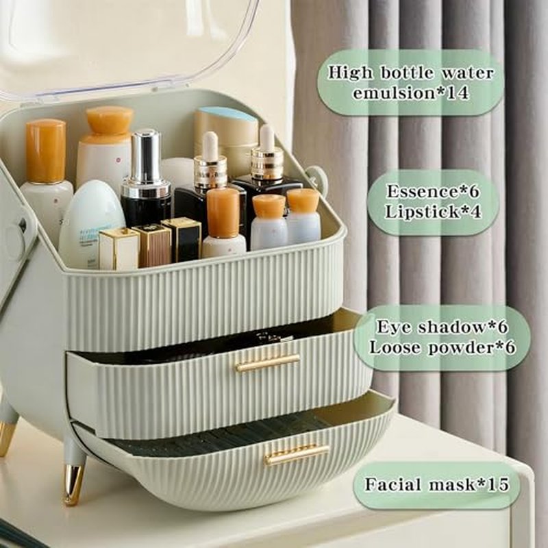 Makeup Organizer for Vanity, Cosmetics Skincare Organizers with Lid and Drawers, Cosmetic Display Cases for Countertop Bathroom Dresser, Ideal Gifts for Brush Lipstick Perfume Jewellry