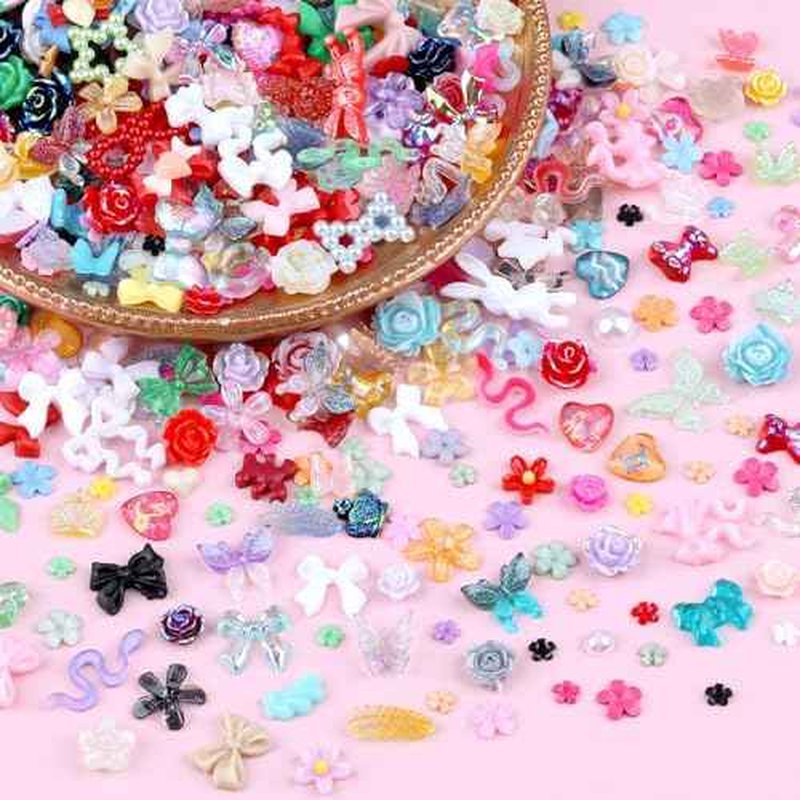 300 Pieces 3D Mix Assorted Resin Nail Charms Hollow Pearl Heart Nail Art Charms Gems Gummy Bear Star Heart Flowers Acrylic Beads