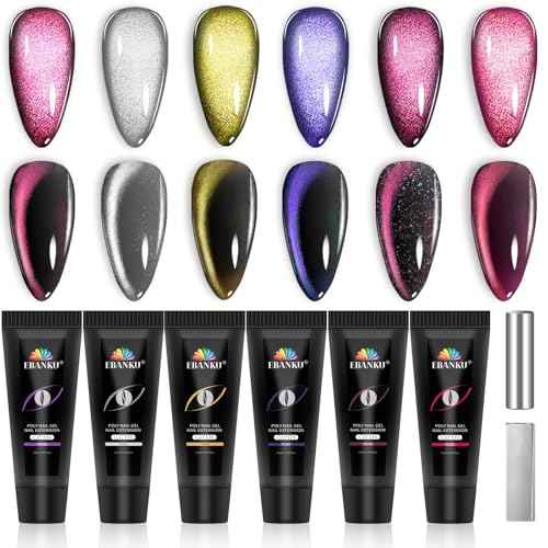 Poly Gel Nail Kit, EBANKU Cat Eye Poly Nails Extension Gel 6 Colors Glitter Magnetic Builder Gel Professional Nail Enhancement Kit for Halloween Women DIY