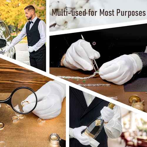 COOLJOB 4 Pairs Soft Moisturizing Cotton Gloves Set with Stretch Elastic Cuff, Overnight Lotion Sleeping Gloves for Dry Hands, Eczema Skin, Beauty Women SPA Essentials, Medium, White