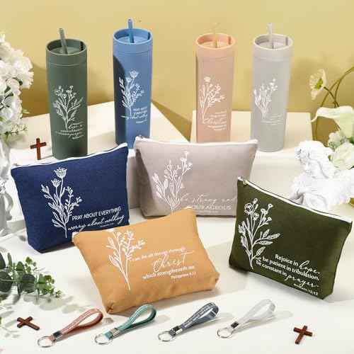 Fumete 4 Set Christian Gifts for Women Men 16oz Skinny Cup Religious Makeup Cosmetic Bag Bible Verse Keychain Regalos Cristianos En Espa?ol for Church Pastor Wife Grandparents(Classic Color)
