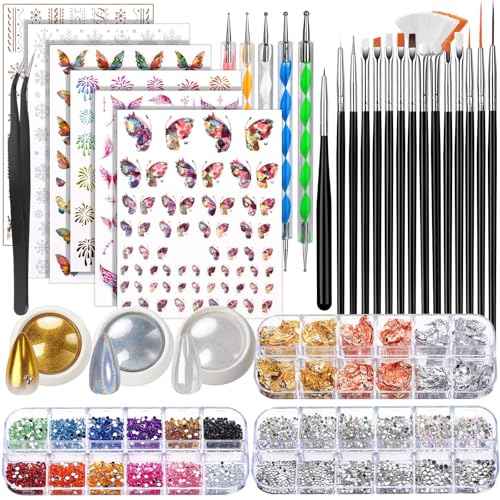 FANDAMEI Nail Art Kit, Nail Design Kit, Nail Brushes, Nail Decorations For Nail Art, Rhinestones For Nails, Nail Stickers, Pearl Chrome Nail Powder, Chrome Powder For Nails, Nail Design Tools