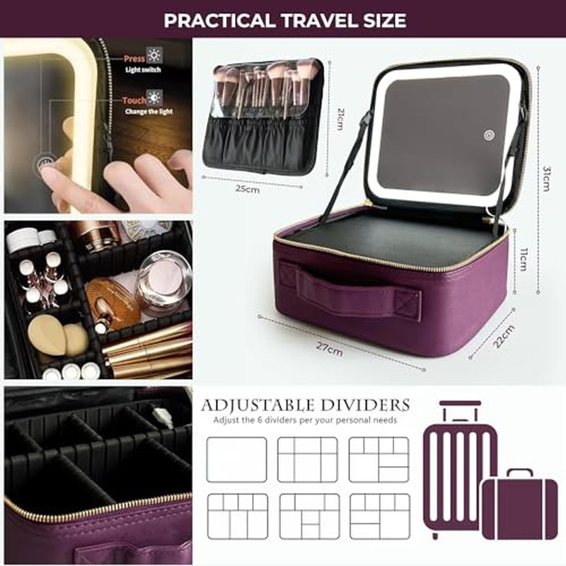 ZEVGANI Travel Makeup Bag with LED Mirror, Rechargeable Lighted Makeup Case with Adjustable Brightness & Dividers, Portable Makeup Box Organizer Vanity Case for Toiletries & Brushes, Plum Purple