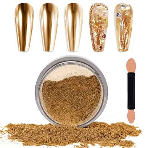 Laza Chrome Nail Powder Mirror Effect Metallic Dust Holographic Glitter Glazed Manicure Decoration Reflective Pigment for DIY Gel Polish Nail Art, Resin Craft, Gifts - Gold