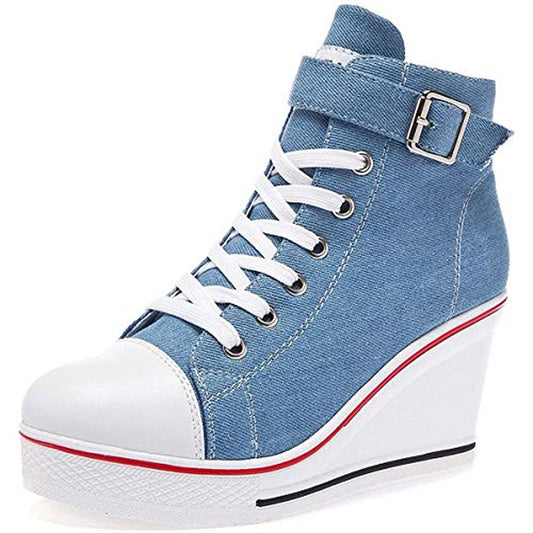 Women's Sneaker Shoes High Heel Fashionable Canvas Shoes High Tube Lace Up Wedge Edge Zipper Slope Angle Shoes Size 4-11