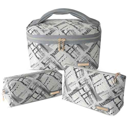 Richeart 3PC Makeup Bag Set, Cationic Jacquard Large Cosmetic Organizer, Back-Coated Solvent-Free Travel Toiletry Bag for Women - Gray