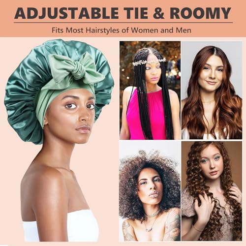 Satin Bonnet for Sleeping Women,Double Layer Hair Bonnet for Sleeping with Tie Band for Curly Hair Braids Long Hair Green