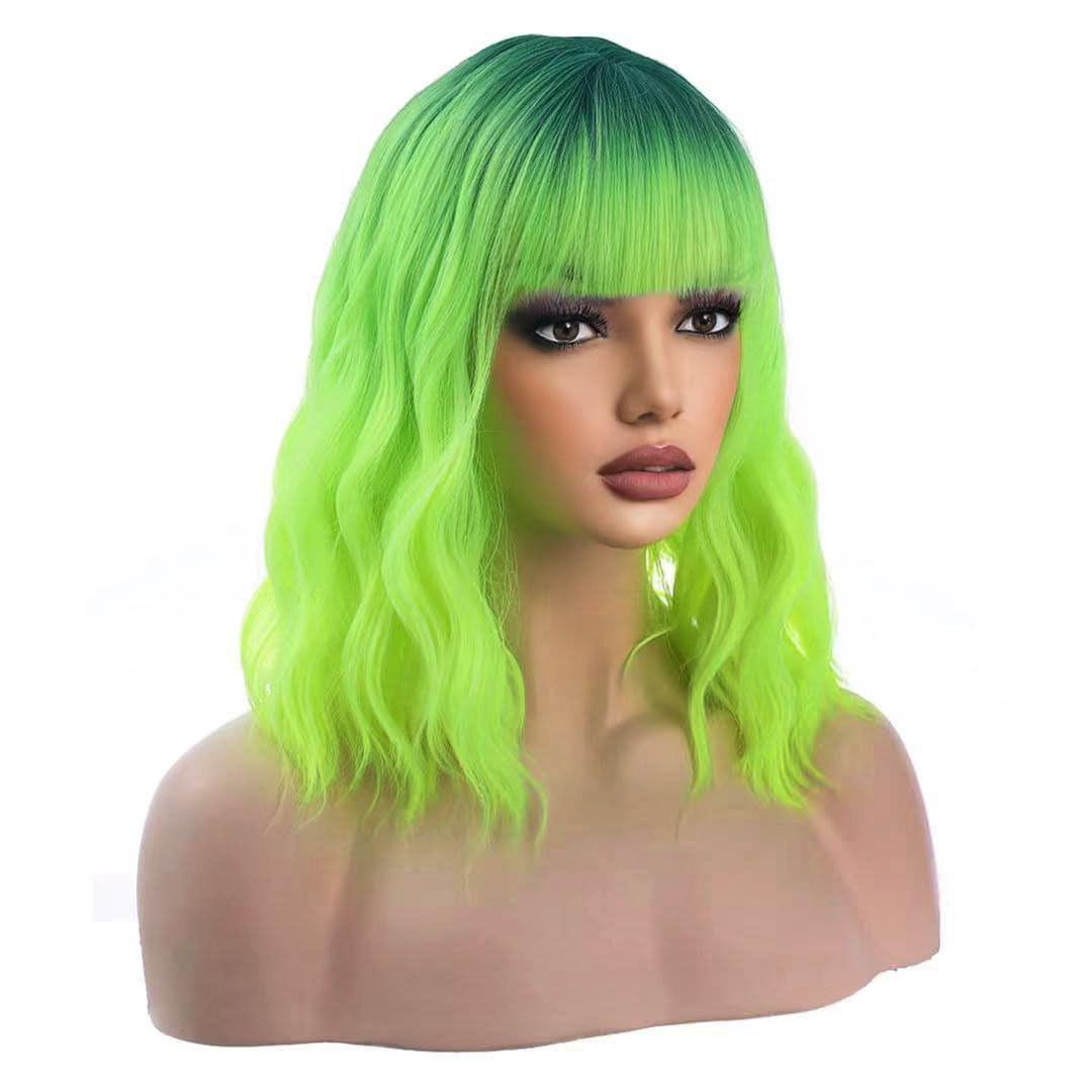 incohair Ombre Green Wigs for Women 14 Inches Short Wavy Neon Green Wig With Bangs Fluorescent Green Short Wigs for Cosplay Party Daily Wigs Wig Cap Included