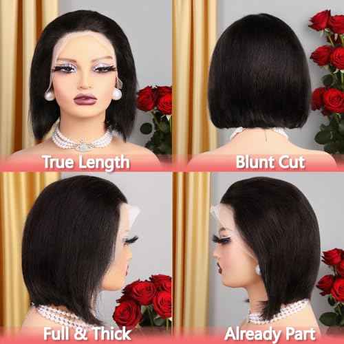 10 Inch Bob Wig Human Hair 13x4 HD Lace Front Wigs Pre Plucked Short Bob Wig Lace Frontal Wigs for Black Women, Short Straight Glueless Human Hair Wig with Elastic Band, 180% Density, Natural Black