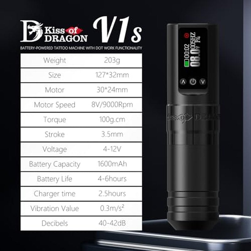 Tattoo Gun Kit Complete Wireless Tattoo Machine Kit, Kiss of Dragon V1S Rotary Adjustable Stroke Tattoo Pen with 1600 mAh Cordless Battery Tattoo Cartridge Needles Set for Beginners