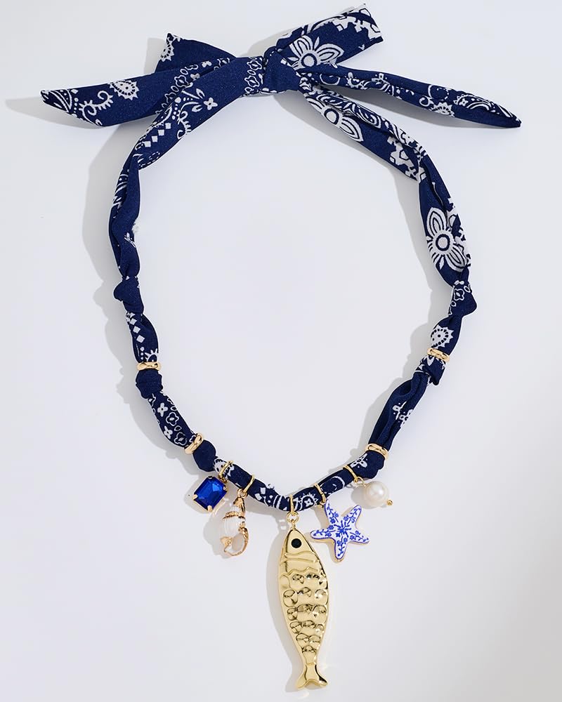 FAUTHENTICUTE Chunky Gold Fish Pendant Necklace For Women Long Silk Scarf Necklace With Starfish Conch Fish Pearl Charms Boho BandanaBeach Shell Statement Necklaces