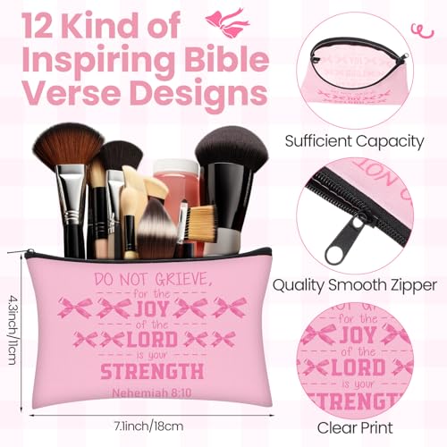 Geelin 24 Pcs Pink Bow Christian Gifts Bulk for Women 12 Coquette Bow Knot Religious Canvas Makeup Bags 12 Bible Verse Compact Mirrors Inspirational Church Party Gifts for Women Mother Sister