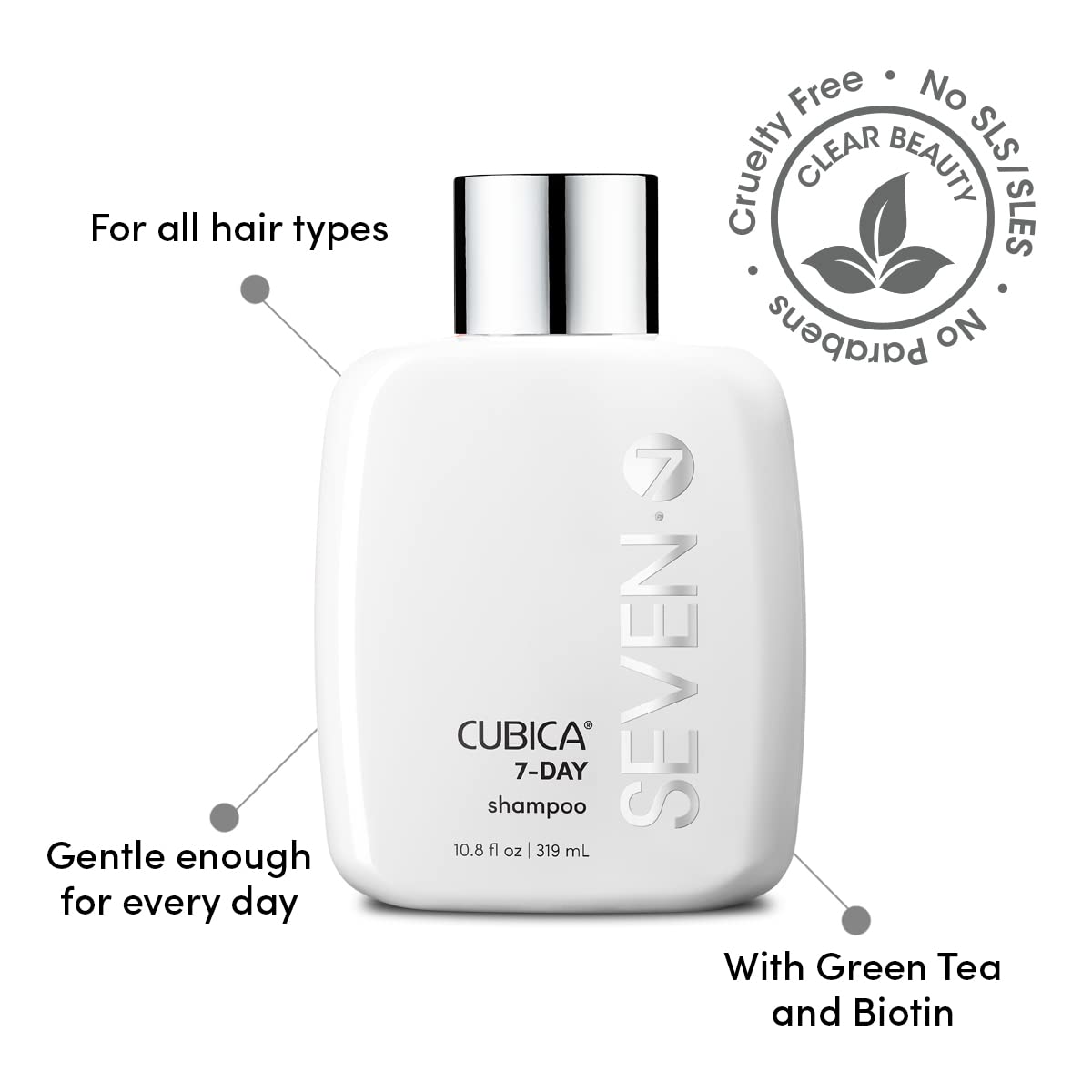 SEVEN Haircare Cubica 7-DAY Shampoo for Women, Men, All Hair Types, Add Shine and Moisture to Hair, Sulfate & Paraben Free, Cruelty Free with Biotin + Green Tea Extract, Made in USA, 10.8oz