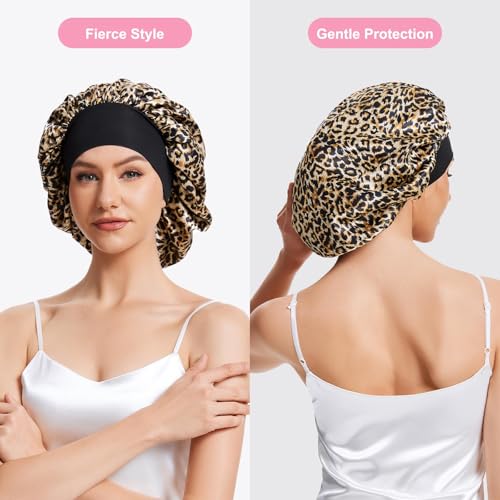 3PCS Silk Sleep Bonnet for Women, Large Satin Hair Caps with Elastic Band for Curly Hair and Frizz Control