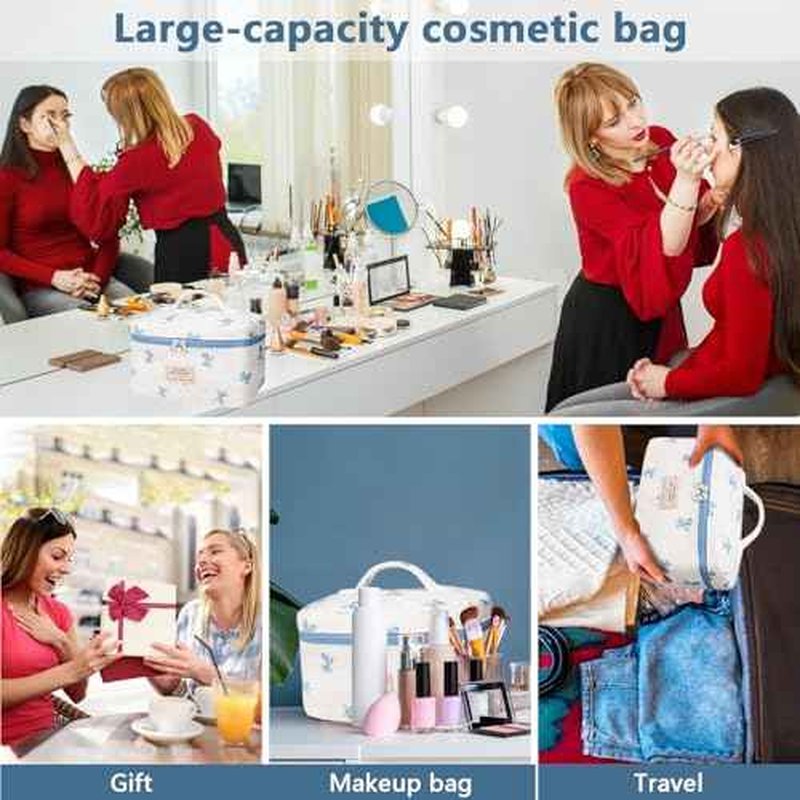 Large Makeup Bag, Cute Cosmetic Bag for Women Girls, Floral Coquette Aesthetic Toiletry Bag, Travel Make Up Organizer Bag (White Blue Butterfly Flower)