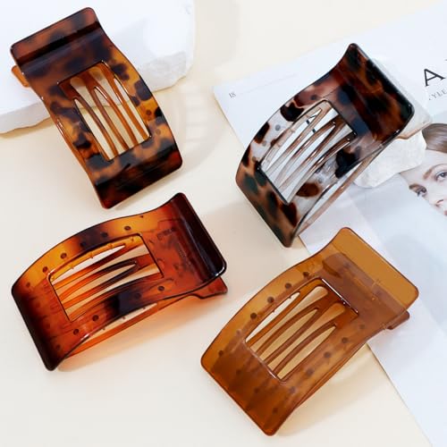 Velscrun Flat Hair Clips for Women Girls, Matte Lay Flat Claw Clips, Strong Hold Large Side Hair Clip All Hair Types, French Duck Billed Non Slip Grip Daily Styling Amber Leopard Hair Jaw Claw Clip