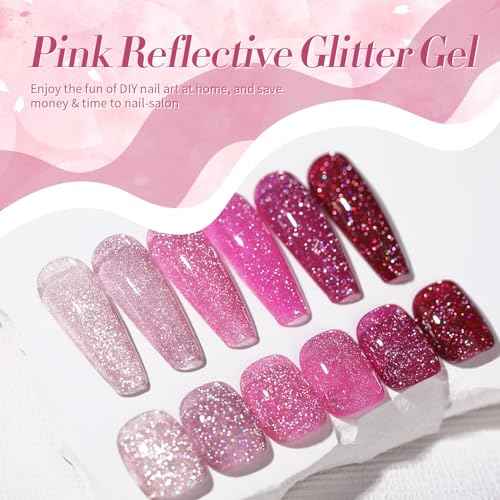 BORN PRETTY Reflective Glitter Gel Nail Polish Pink Holographic Colorful Glitter Spring Summer Gel Polish Sparkly Shiny Disco DJ LED Gel Nail Polish Nail Varnish 6PCS