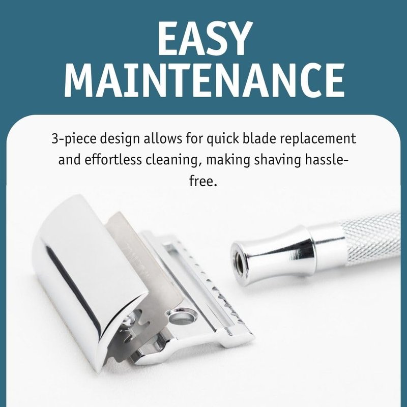MERKUR 23C Double Edge Safety Razor - Polished Chrome, Long Knurled Brass Handle, Made in Germany, Plastic-Free, Three Piece Design, Closed Comb, Straight Bar