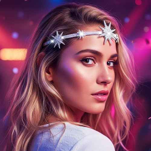 JEAIRTS Rhinestone Headband Silver Star Hair Band Sparkly Bridal Forehead Crystal Headpiece Prom Rave Hair Accessories for Women
