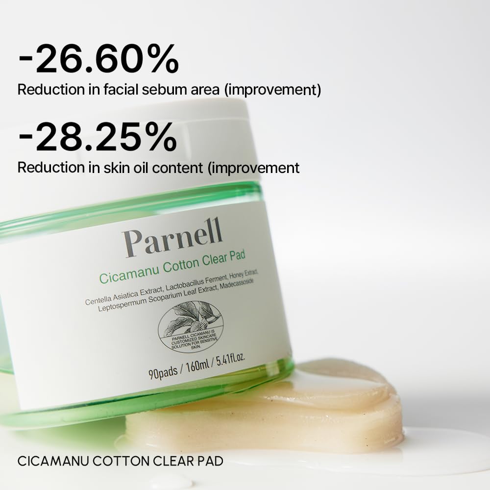 Parnell Cicamanu Cotton Clear Pad | Gentle Daily Exfoliating & Soothing Toner Pads for Sensitive Troubled Skin | Cica LHA PHA Ceramide HA Manuka Honey | Unbleached Biodegradable (90 Count)