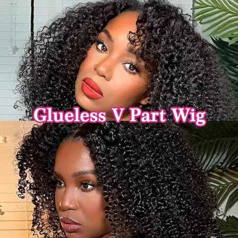 Glueless V Part Wigs Human Hair Afro Kinky Curly Upgrade U Part Wigs for Black Women Kinky Curly V Part Human Hair Wigs Full Head Clip In Half Wig 200% Density 26 Inch