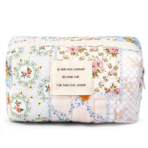 Floral Makeup Bag Pouch - Small Quilted Cosmetic Organizer for Travel Daily, Aesthetic Cottagecore Cotton Toiletry Pencil Purses with Zipper, Portable Gift for Women Girls (Blue Floral-S)