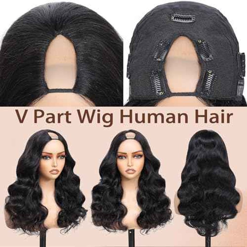 V Part Wig Human Hair Body Wave Upgrade U Part Human Hair Wig With Adjustable Drawstring 200% Density V Shape Clip In Half Wig For Women Natural Color 22 Inch