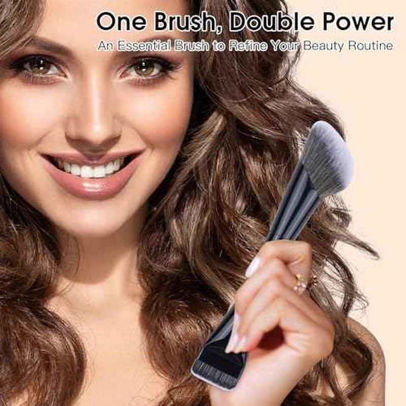 Dual-Ended Makeup Brush,Flat Top Foundation & Angled Contour Brush for Flawless Blending, Smooth Coverage & Effortless Contouring, Ideal for Foundation, Blush, Bronzer & Powder (Black)