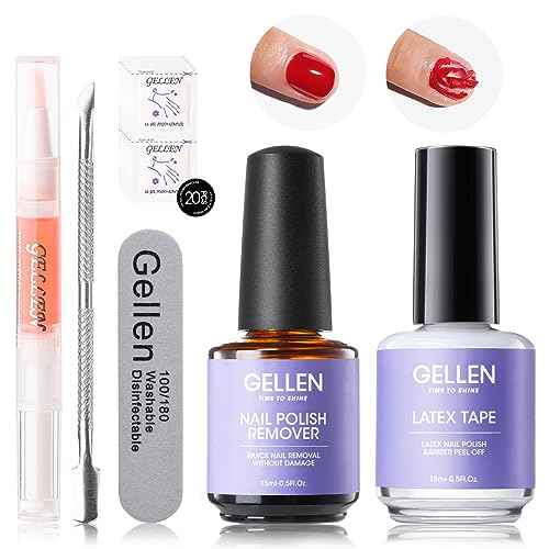 Gellen Gel Polish Remover Kit - Gel Nail Polish Remover with Latex Tape Peel Off Liquid and Manicure Tools, Quick & Easy Gel Polish Remover in 2-5 minutes, No Damage to Nails