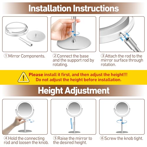 Magnifying Mirror with Light 20X, Height-Adjustable Lighted Makeup Mirror with Magnification, Double-Sided Aluminum Alloy LED Mirrors, 3 Lighting Modes Ideal for Bathroom Make-up, Silver