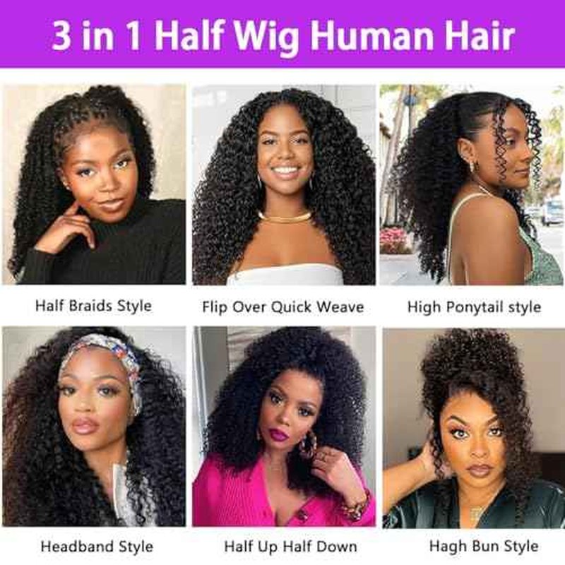 Jerry Curly 3 In 1 Half Wig Human Hair Elastic Drawstring Wear Go Glueless Curly Human Hair Half Wigs Friendly To Beginners 200% Density Natural Hairline Flip Over Wig 26Inch