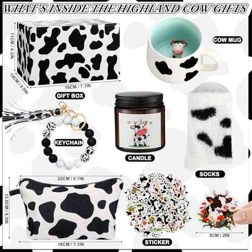 Honeydak Cow Gifts Set for Women Cow Printed Accessories Includes Makeup Bag Gift Box Cute Socks Keychain Mug Scented Candle Stickers for Christmas and Birthday Party Gifts