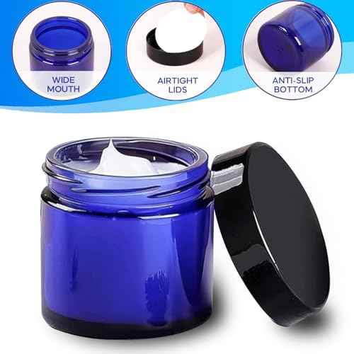 24 Pack 2 oz Round Blue Glass Cosmetic Jars with Inner Liners and Black Lids, Travel Jars, Refillable Containers for Makeup, Cream, Lotion, Sugar Scrubs, Eye Shadow, Slime, Paint, Jewelry