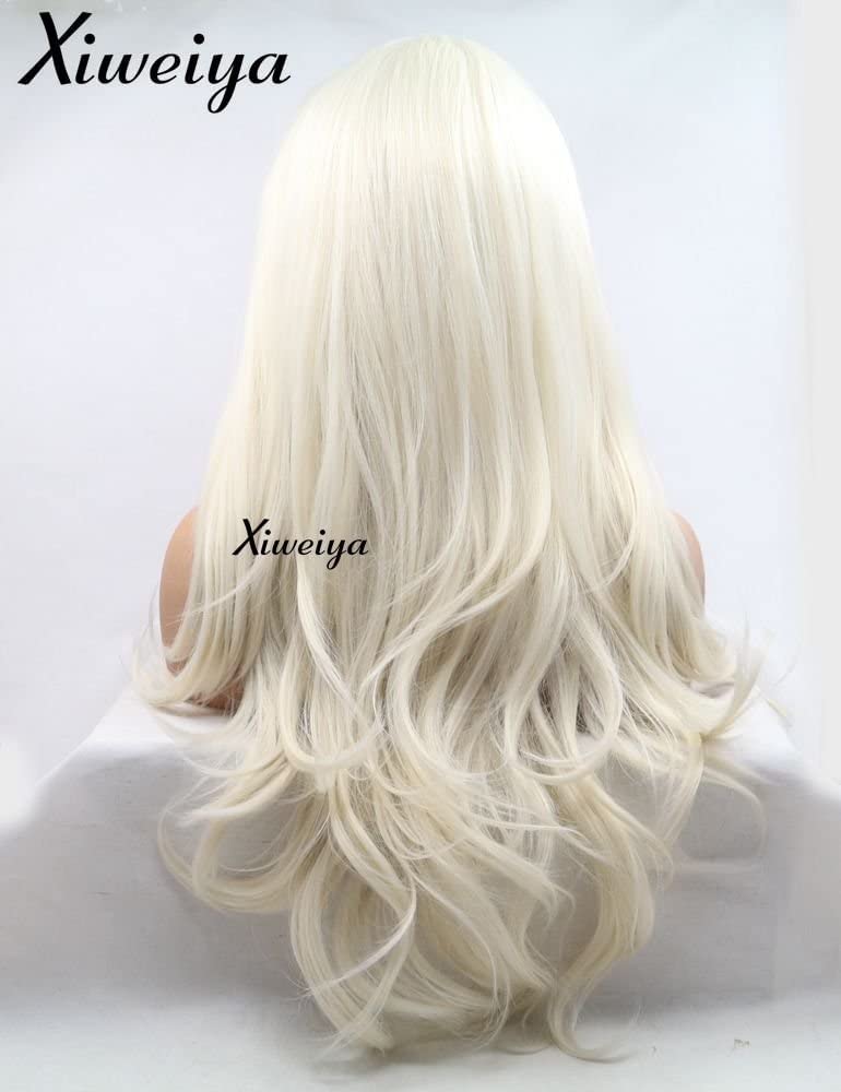Xiweiya wigs Long Platinum Blonde Natural Wavy Wig 60# White Color Cosplay Hair Synthetic Lace Front Wig White Color wig with Heat Resistant Fiber for Women, Drag Queen Family Makeup Party 24 Inch